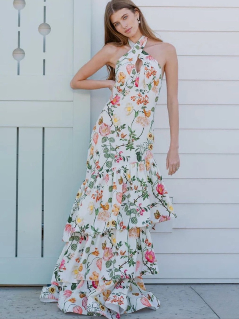Cara Cara Perla Dress - White Floral Halter Ruffle Maxi